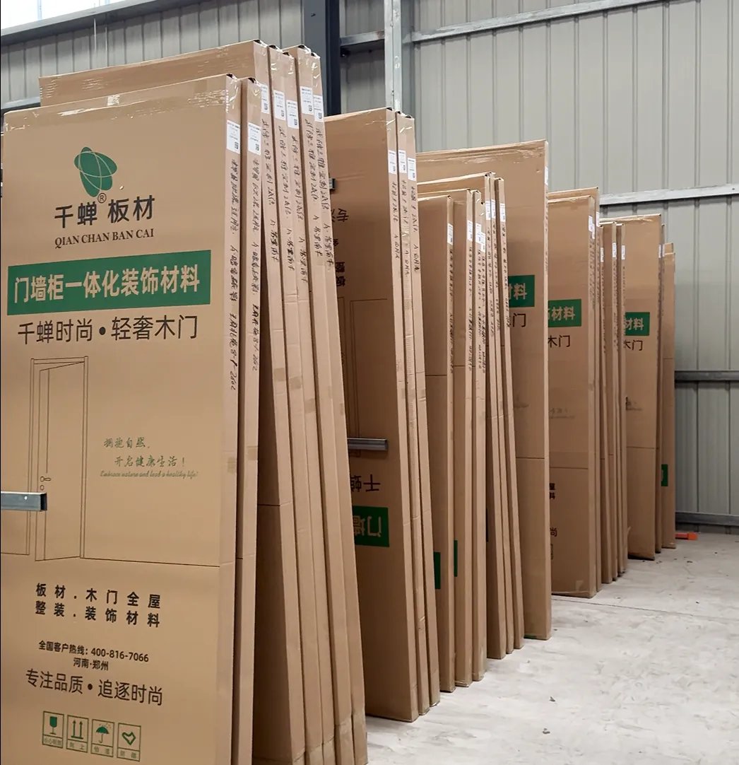 Packaged flush doors organized in the factory warehouse for shipping