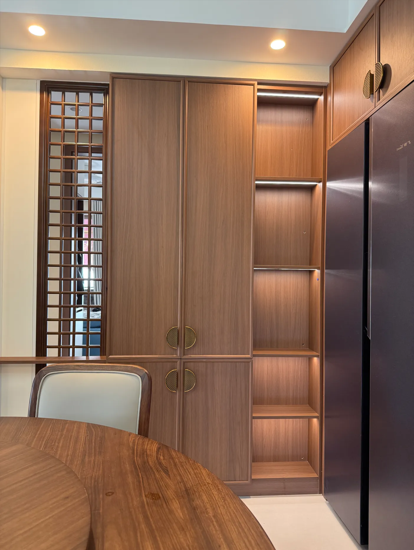 Cabinetry built from particle board panels in a kitchen interior