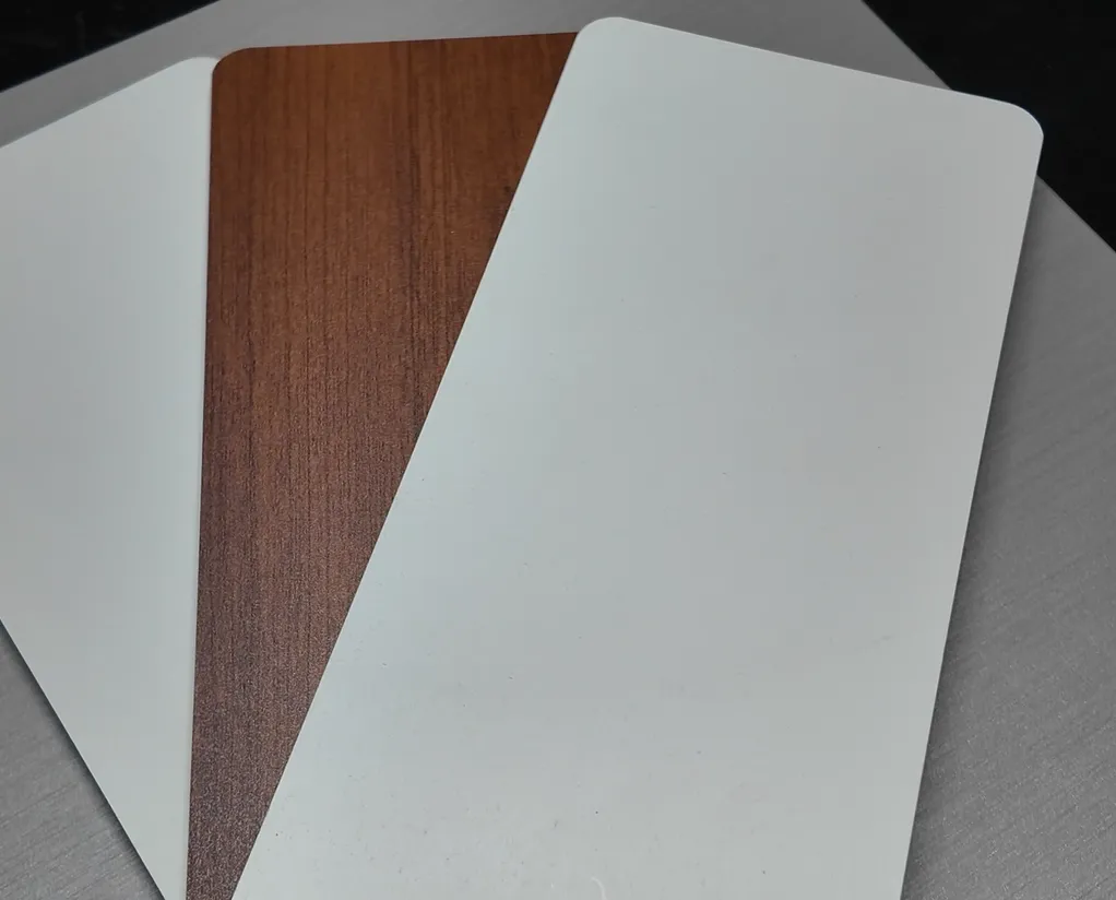 White and wood-grain decorative finish swatches