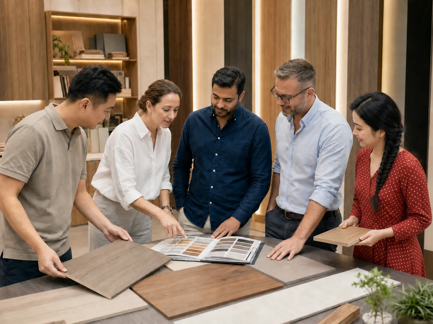 International buyers reviewing wood panel samples with the ChanWood team