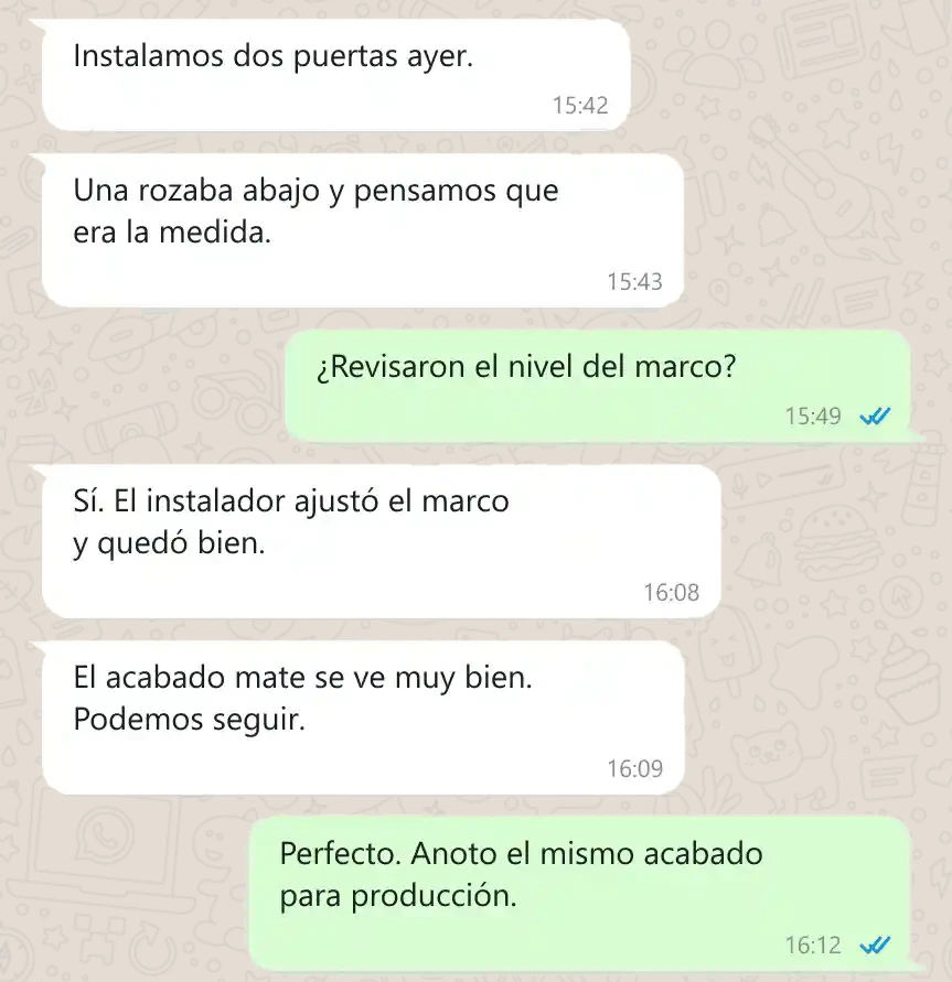 WhatsApp praise - flush door client, Mexico