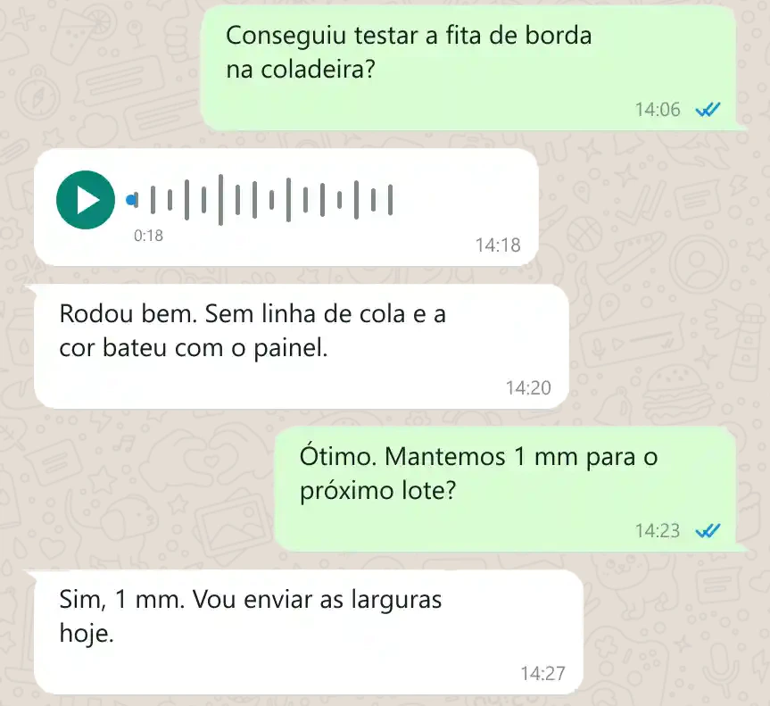 WhatsApp praise - edge banding client, Brazil