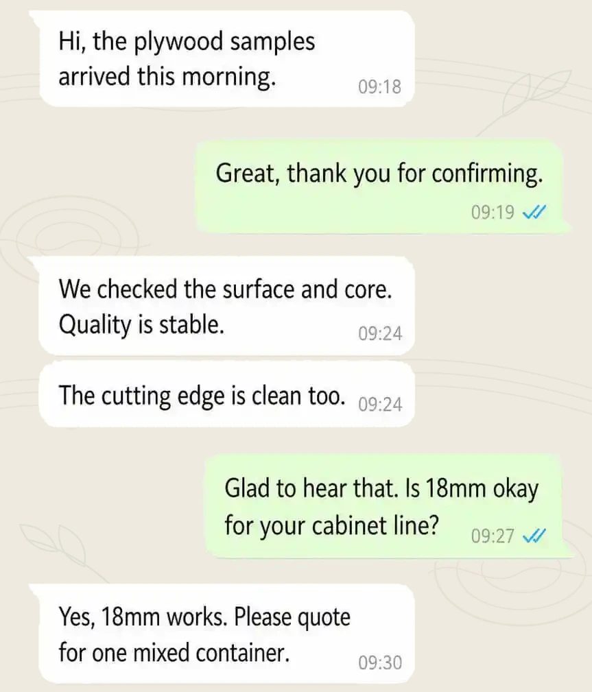 WhatsApp praise - plywood buyer, Vietnam